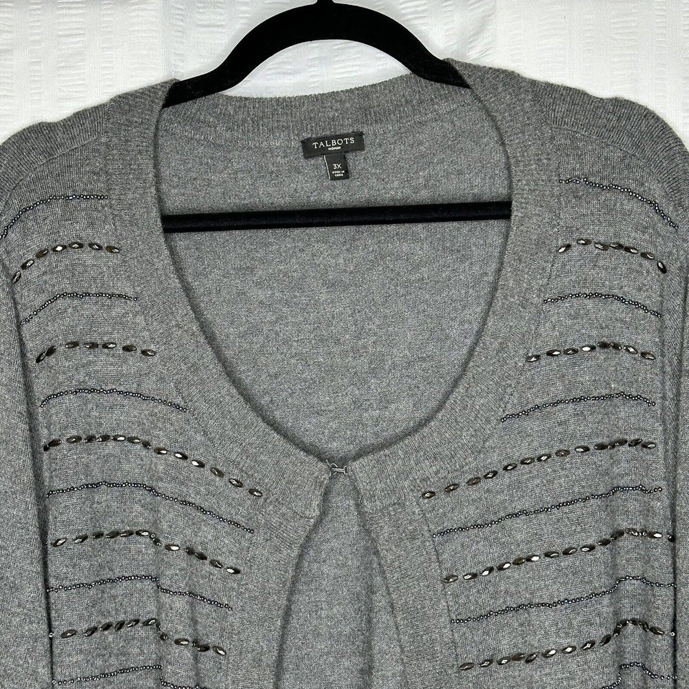 Talbots Sweater Womens 3x Gray Cardigan Beaded Lambswool Dressy Holiday Party - Picture 2 of 11